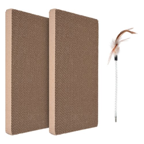 Set 2 placi de zgariat si jucarie cu pana Navaris, pentru pisici, carton, maro, 46754.03