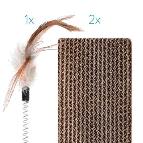 Set 2 placi de zgariat si jucarie cu pana Navaris, pentru pisici, carton, maro, 46754.03