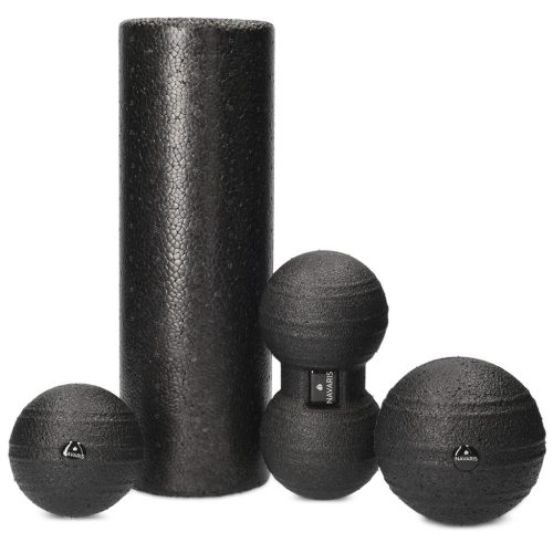 Set masaj Navaris, 4 piese, roller 30x10 cm + bile 8/10 cm + peanut 16x8 cm, spuma EPP, negru, spuma