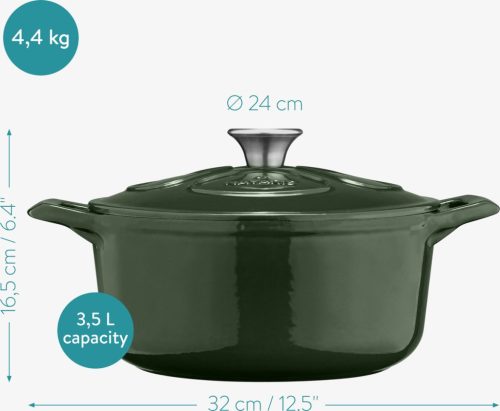 Nepřilnavý litinový hrnec Navaris na sporáky/trouby - 24 cm - 3,5 l - tmavě zelený, 48777.01.80