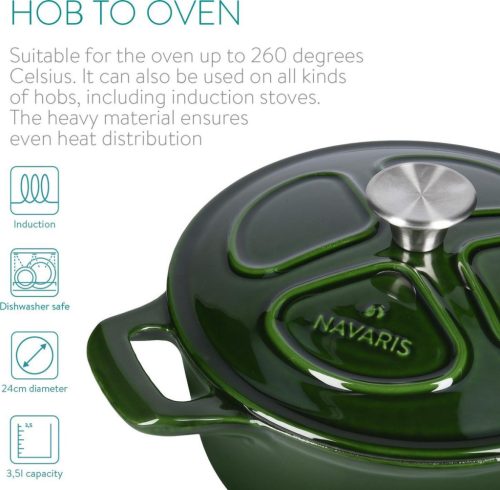 Nepřilnavý litinový hrnec Navaris na sporáky/trouby - 24 cm - 3,5 l - tmavě zelený, 48777.01.80