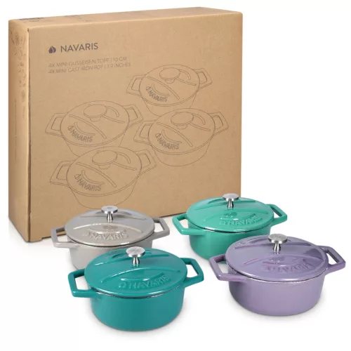 Sada 4 mini litinových hrnců Navaris, 10,5 cm, 290 ml, do trouby a na plotnu, 49079.04.01