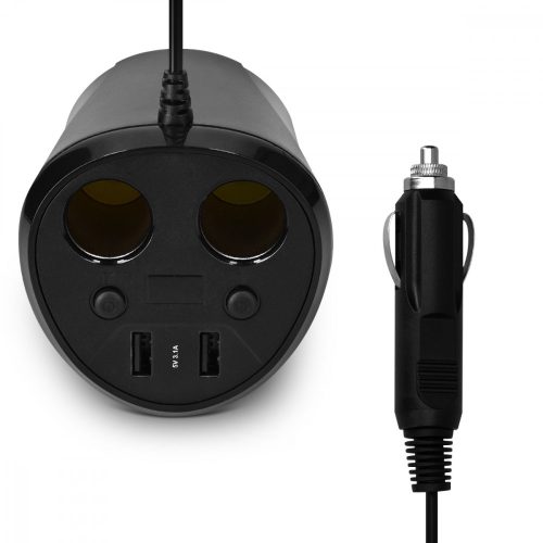 Adaptér do auta se 2 zásuvkami a 2 USB porty Navaris, 12V - 24V, LED displej, Černá, 49581.01