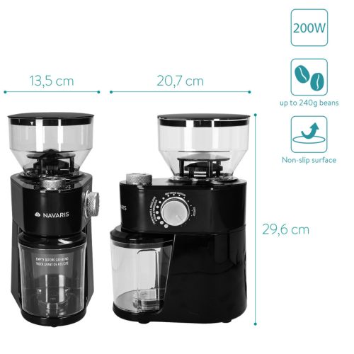 Rasnita electrica cafea Navaris, reglaj macinare, pentru espresso/filtru, negru, plastic