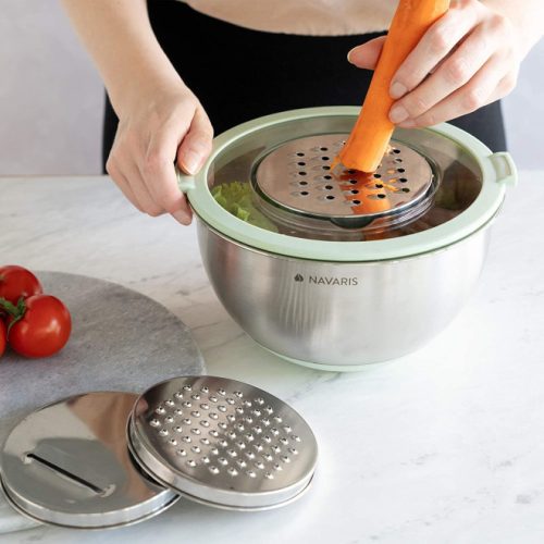 Sada 2 multifunkčních kovových misek s víkem Navaris, 20 cm a 24 cm, 3 struhadla, protiskluzové, nerezová ocel, stříbrná/zelená, 49210.02.71