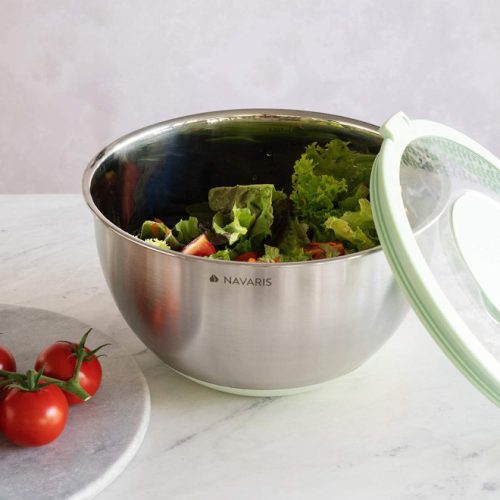 Sada 2 multifunkčních kovových misek s víkem Navaris, 20 cm a 24 cm, 3 struhadla, protiskluzové, nerezová ocel, stříbrná/zelená, 49210.02.71