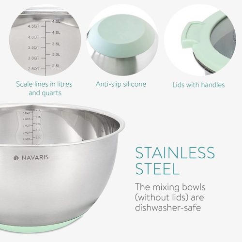 Sada 2 multifunkčních kovových misek s víkem Navaris, 20 cm a 24 cm, 3 struhadla, protiskluzové, nerezová ocel, stříbrná/zelená, 49210.02.71