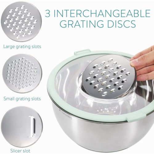 Sada 2 multifunkčních kovových misek s víkem Navaris, 20 cm a 24 cm, 3 struhadla, protiskluzové, nerezová ocel, stříbrná/zelená, 49210.02.71