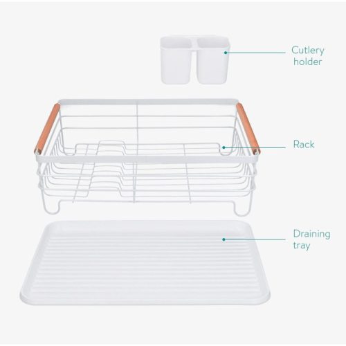 Odkapávač na nádobí Navaris, s odkapávací miskou, s policí na talíře, sklenice a příbory, bílý, 42,5x31,5x14 cm, 52545.01
