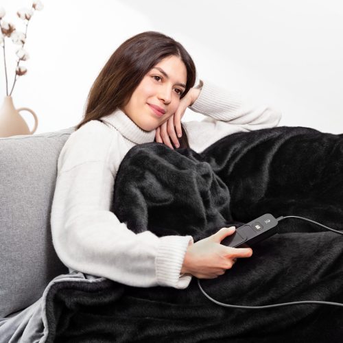 Patura electrica Navaris, blana sintetica supercosy, 180x130 cm, negru/gri, poliester