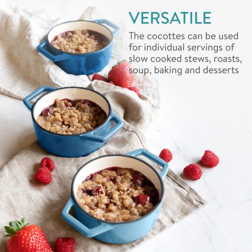 Sada 4 mini litinových hrnců Navaris, 10,5 cm, 290 ml, do trouby a na sporák, modrá, 49079.04.02