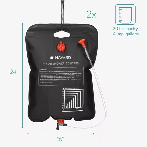 Sada 2 x Navaris solární kempingová sprcha s hadicí a baterií, 20L, Černá, 45686.03.01