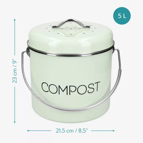 Cos compost Navaris, 3 filtre carbune activ, 5L, maner transport, bucatarie, verde menta, verde, otel