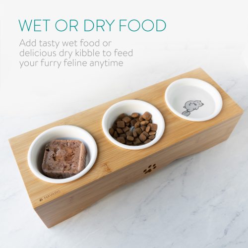 Statie alimentare pentru animale cu 3 boluri Navaris, 130 ml, ceramica/bambus, 53327.01