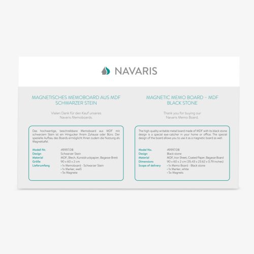 Tabla magnetica Navaris, 90x60 cm, design marmura neagra, marker si magneti incluse, negru, MDF