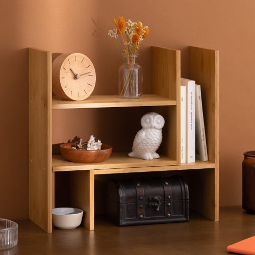 Raft organizator birou reglabil Navaris, 2 sectiuni, 64x15.5x40 cm, colt sau blat, maro, bambus