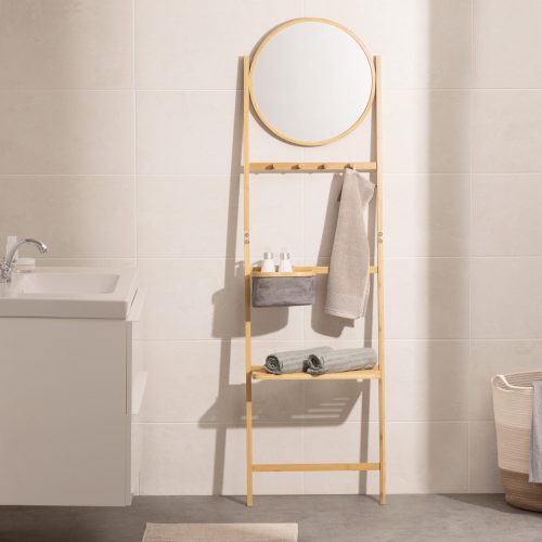 Suport prosoape cu oglinda Navaris, 48.5x18x172 cm, cu raft si sac textil, maro, textil/bambus