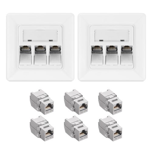 Sada 2 trojitých síťových zásuvek RJ45 se 4 zástrčkami CAT 6A, Kwmobile, bílá, kov, 54571.03.02