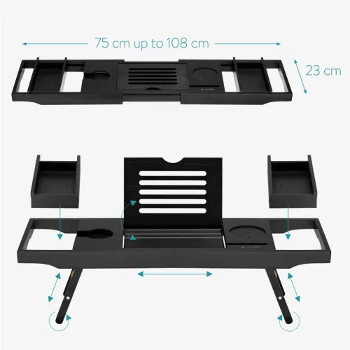 Suport baie extensibil Navaris, 75-108 cm, stand tableta si pahar, lemn de fag, negru, lemn