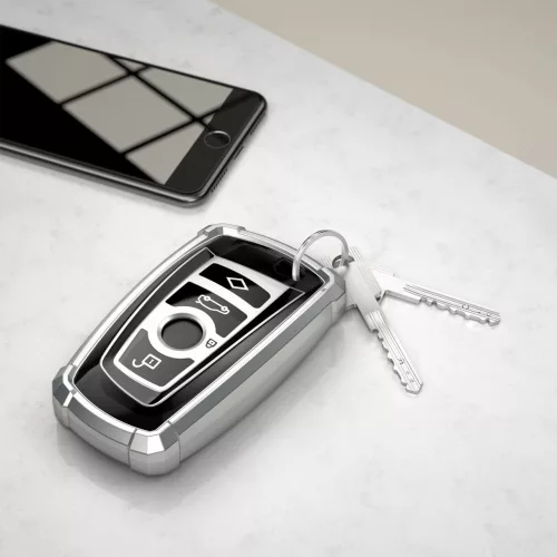 Kryt na klíče od auta pro BMW - 3 tlačítka - Keyless Go, kwmobile, silikon, stříbrná / černá, 55039.01