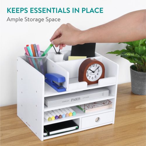 Organizator birou cu sertare Navaris, 33x24x26 cm, auto-asamblare, alb, bambus