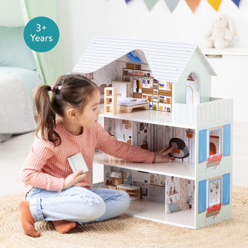 Dřevěný domeček pro panenky Navaris, 3 patra, s nábytkem a doplňky, 5 pokojů a balkon, 69.5x62x27 cm, 55376.01