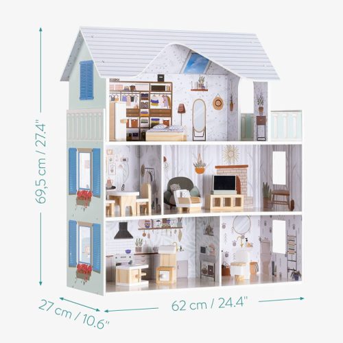 Dřevěný domeček pro panenky Navaris, 3 patra, s nábytkem a doplňky, 5 pokojů a balkon, 69.5x62x27 cm, 55376.01