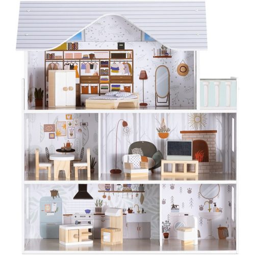 Dřevěný domeček pro panenky Navaris, 3 patra, s nábytkem a doplňky, 5 pokojů a balkon, 69.5x62x27 cm, 55376.01