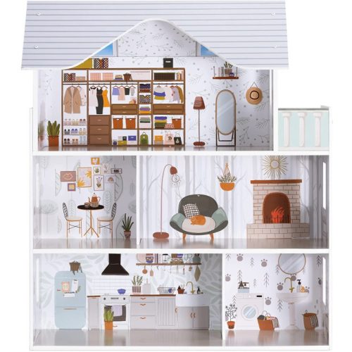 Dřevěný domeček pro panenky Navaris, 3 patra, s nábytkem a doplňky, 5 pokojů a balkon, 69.5x62x27 cm, 55376.01