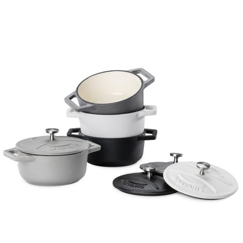 Sada 4 mini litinových hrnců Navaris, 10,5 cm, 290 ml, do trouby a na plotnu, černá/bílá, 49079.04.03