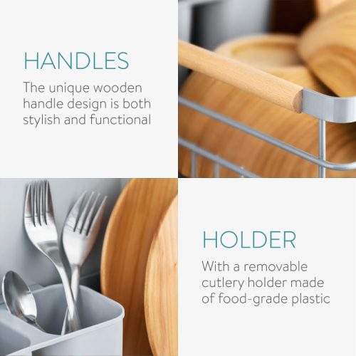 Odkapávač na nádobí Navaris, s odkapávací miskou, s přihrádkou na talíře, sklenice a příbory, šedý, 42,5x31,5x14 cm, 52545.03