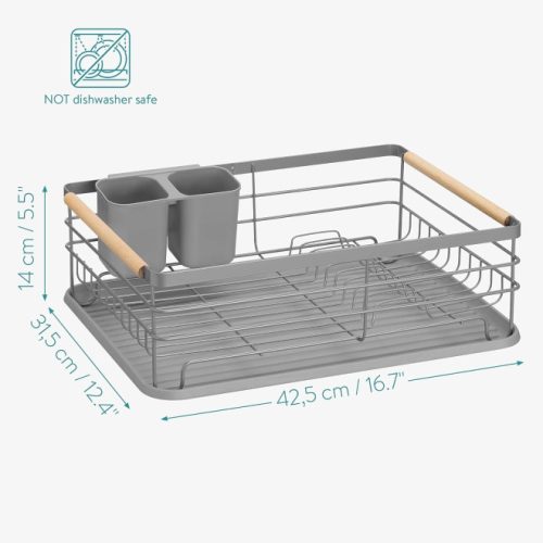 Odkapávač na nádobí Navaris, s odkapávací miskou, s přihrádkou na talíře, sklenice a příbory, šedý, 42,5x31,5x14 cm, 52545.03