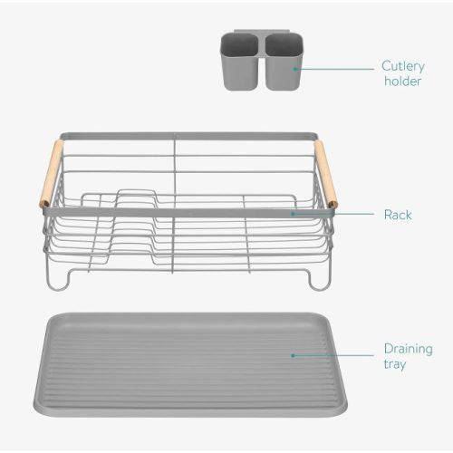 Odkapávač na nádobí Navaris, s odkapávací miskou, s přihrádkou na talíře, sklenice a příbory, šedý, 42,5x31,5x14 cm, 52545.03