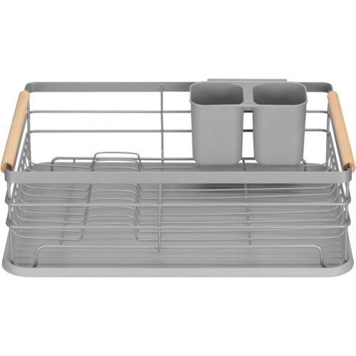 Odkapávač na nádobí Navaris, s odkapávací miskou, s přihrádkou na talíře, sklenice a příbory, šedý, 42,5x31,5x14 cm, 52545.03