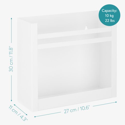 Suport reviste pe perete Navaris, 30x27x11 cm, capacitate 10 kg, alb, metal