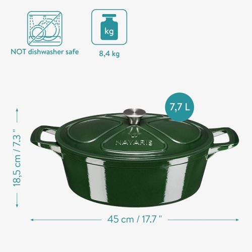 Nepřilnavý litinový hrnec Navaris na sporáky/trouby - 45 cm - 7,7 l - zelený, 52477.01.80