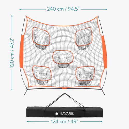 Plasa antrenament aruncare Navaris, 5 buzunare, 240x240x120 cm, pliabila, cu geanta, negru, poliester
