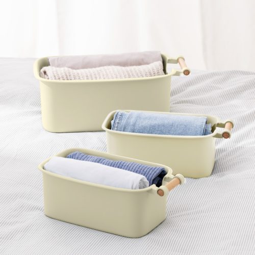 Set 4 cutii depozitare Navaris, cu maner din lemn, 37.8x21.4x14 cm si 28.5x16x10.5 cm, crem, lemn