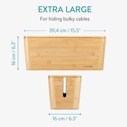 Cutie organizator cabluri XL Navaris, 39.4x16x16 cm, capac magnetic, management cabluri, maro, bambus