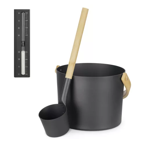 Set 3 accesorii sauna Navaris, galeata, lada si clepsidra, 24x19 cm, usor de utilizat, 58372.01