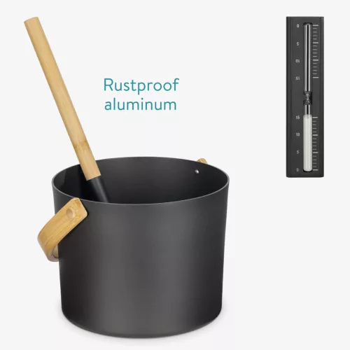 Set 3 accesorii sauna Navaris, galeata, lada si clepsidra, 24x19 cm, usor de utilizat, 58372.01