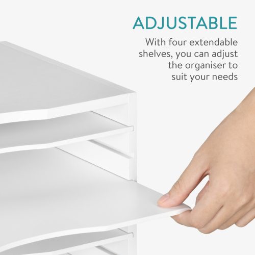 Organizator documente Navaris, 33x24.5x26 cm, rafturi reglabile, birou, alb, MDF/bambus