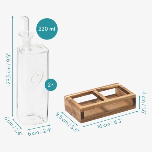 Set recipiente ulei si otet Navaris, 2x220 ml, sticla borosilicata, maro, sticla/lemn