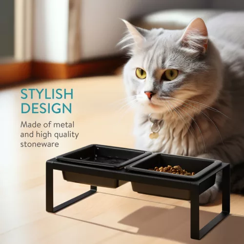 Suport hranire pentru pisici si caini mici Navaris, cu 2 boluri ceramice, suport metalic inaltat, 2x250 ml, antiderapant, design modern, Negru