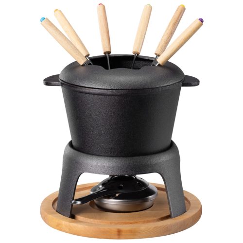 Set fondue Navaris, 6 persoane, oala fonta 2QT, splash guard, pentru aragaz sau BBQ, maro, otel/lemn
