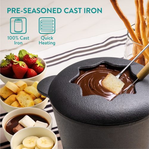 Set fondue Navaris, 6 persoane, oala fonta 2QT, splash guard, pentru aragaz sau BBQ, maro, otel/lemn