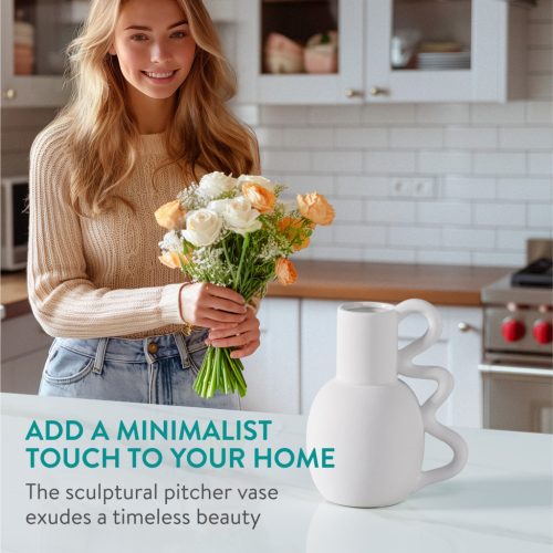 Vaza pitcher sculpturala Navaris, 15.5x11x19 cm, cu maner, dolomit, alb, plastic