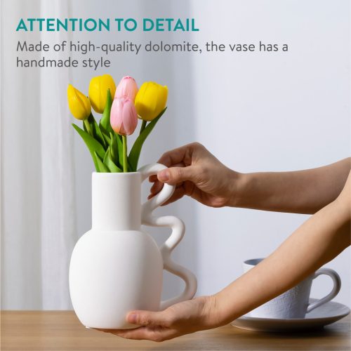 Vaza pitcher sculpturala Navaris, 15.5x11x19 cm, cu maner, dolomit, alb, plastic