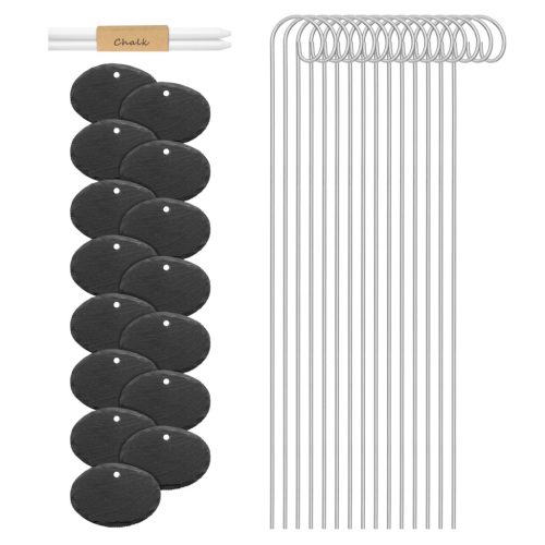 Set 15 Etichete din ardezie Navaris cu 15 Stalpi din metal si creta, 4x2,75 inch, 53850.04