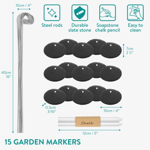 Set 15 Etichete din ardezie Navaris cu 15 Stalpi din metal si creta, 4x2,75 inch, 53850.04